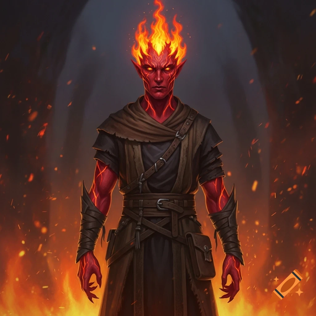 A fantasy illustration of a red-skinned fire genasi with fiery hair and glowing red eyes, wearing dark robes, in a fire-lit cave.