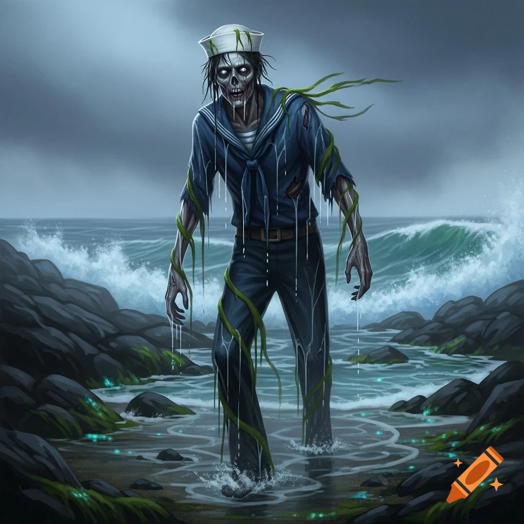 A decaying zombie sailor with glowing eyes emerges from the ocean onto a rocky shore, covered in seaweed, in a digital art style.