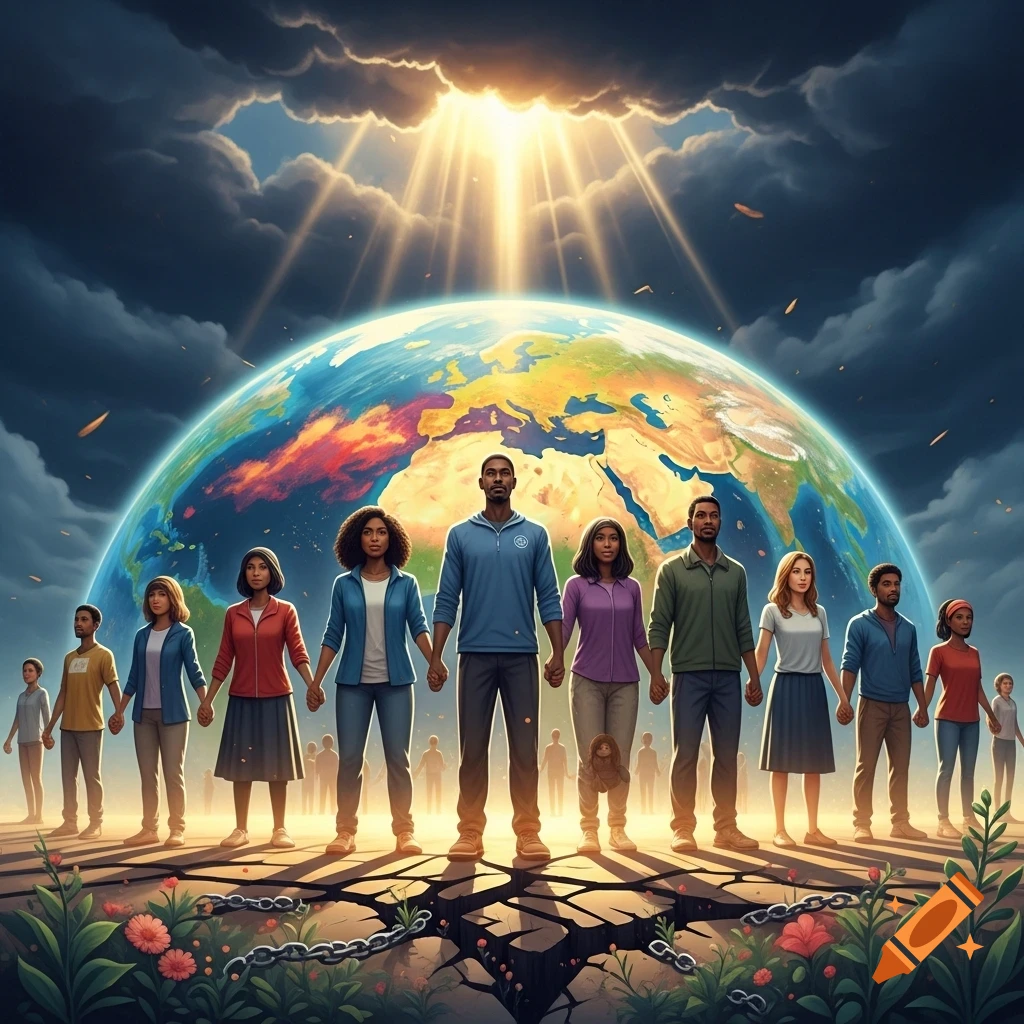 Diverse people holding hands in front of a glowing Earth under a dramatic sky, symbolizing global unity and anti-racism.