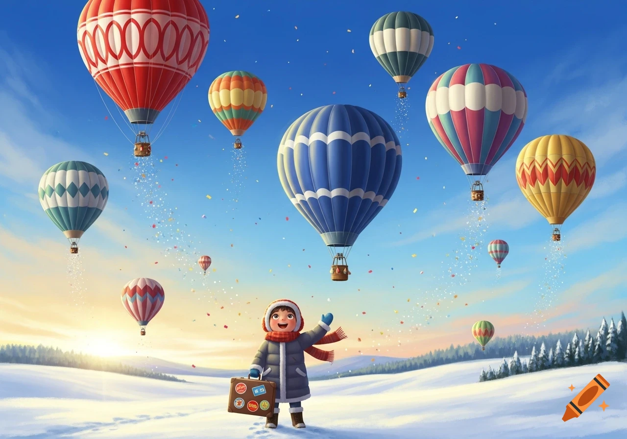 A child in a winter coat and scarf with a suitcase in a snowy field looks up at colorful hot air balloons and falling confetti. Illustrated.