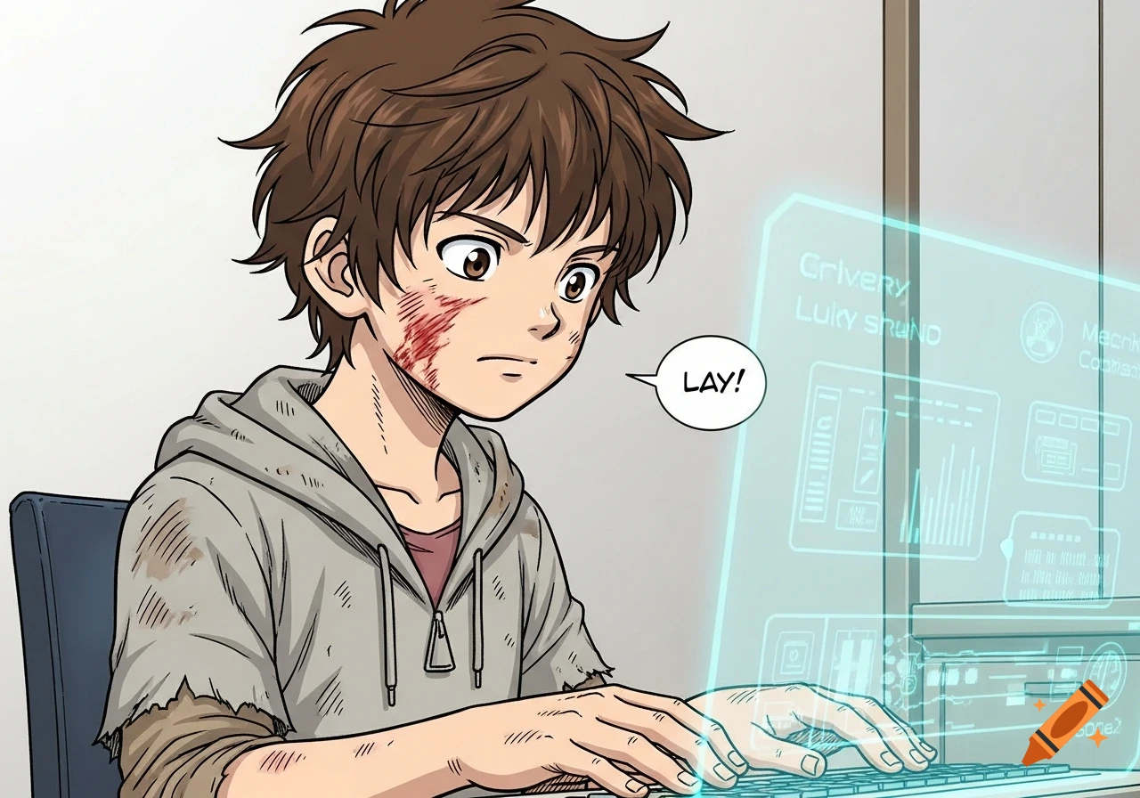 A brown-haired boy with scratches on his left cheek, wearing dirty clothes, types on a holographic keyboard in a manga art style.