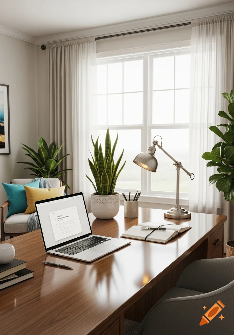 Modern home office with a wooden desk, laptop, potted plants, and natural light from a large window.