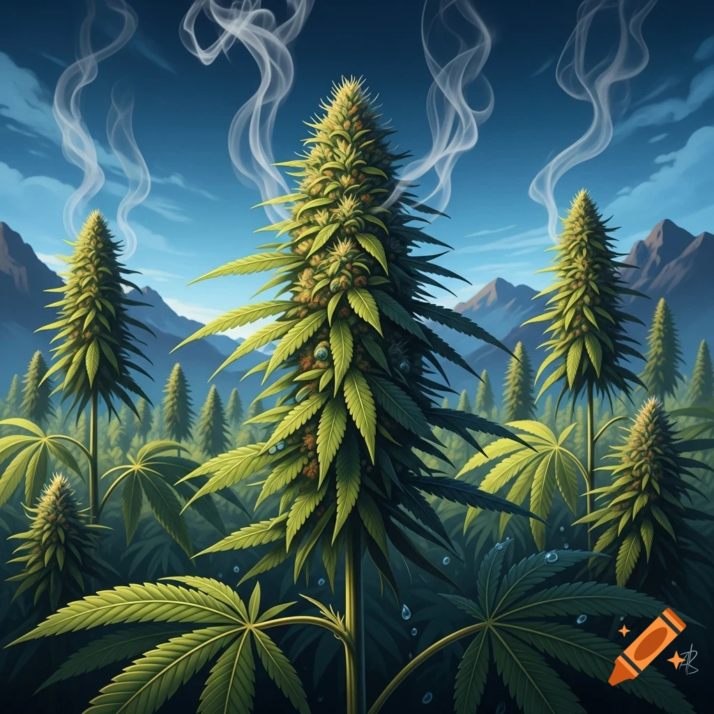 A detailed illustration of lush cannabis plants with smoke rising, set against a mountainous landscape under a blue sky.