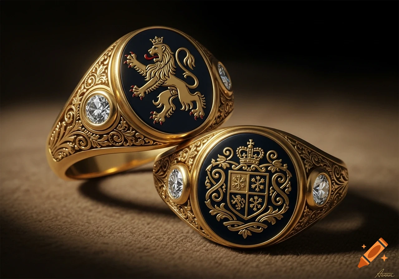 Two ornate gold signet rings with black enamel faces, one a crowned lion, the other a coat of arms, adorned with diamonds on a textured surface.