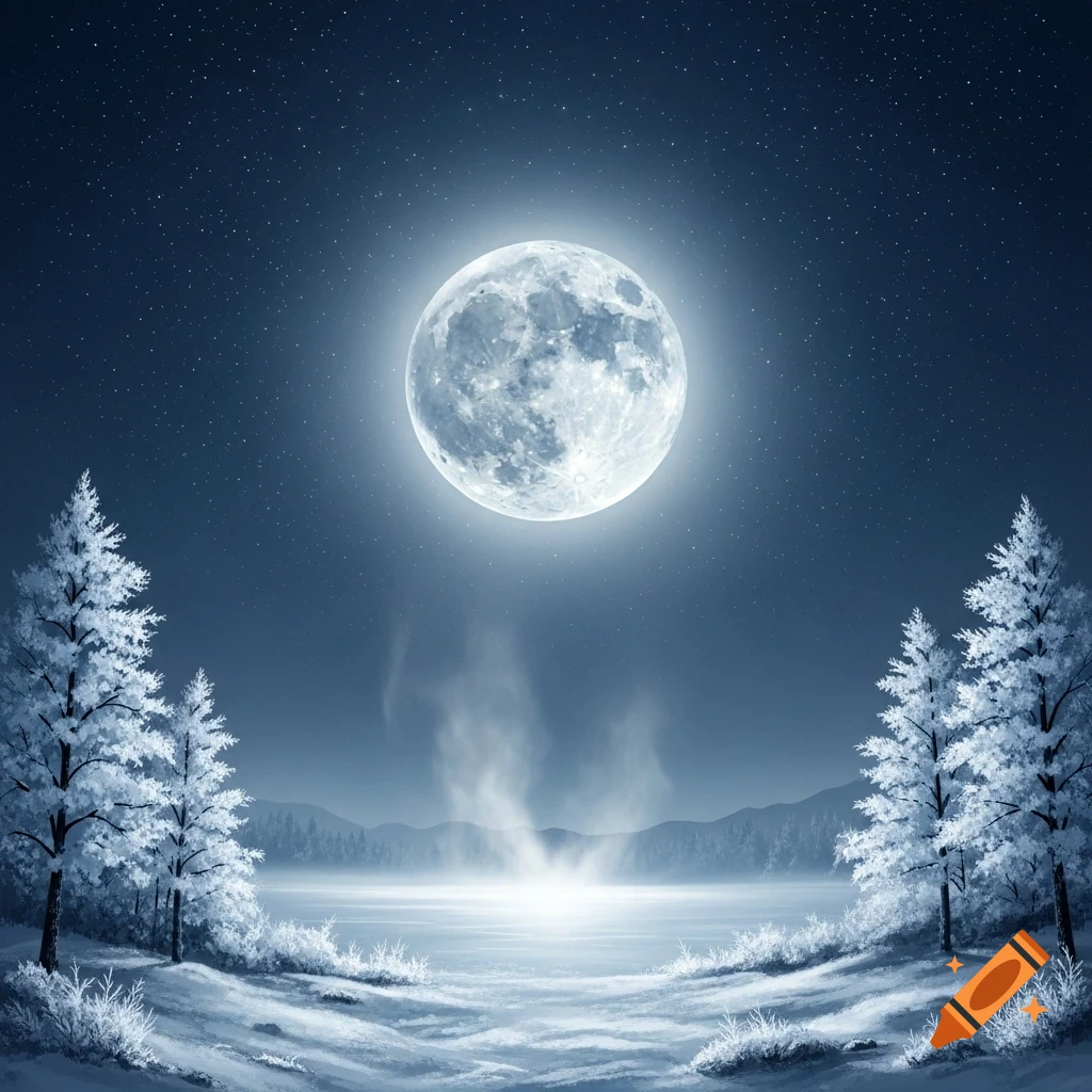 A serene snowy winter landscape at night, with a large glowing full moon over a frozen lake surrounded by frost-covered pine trees.