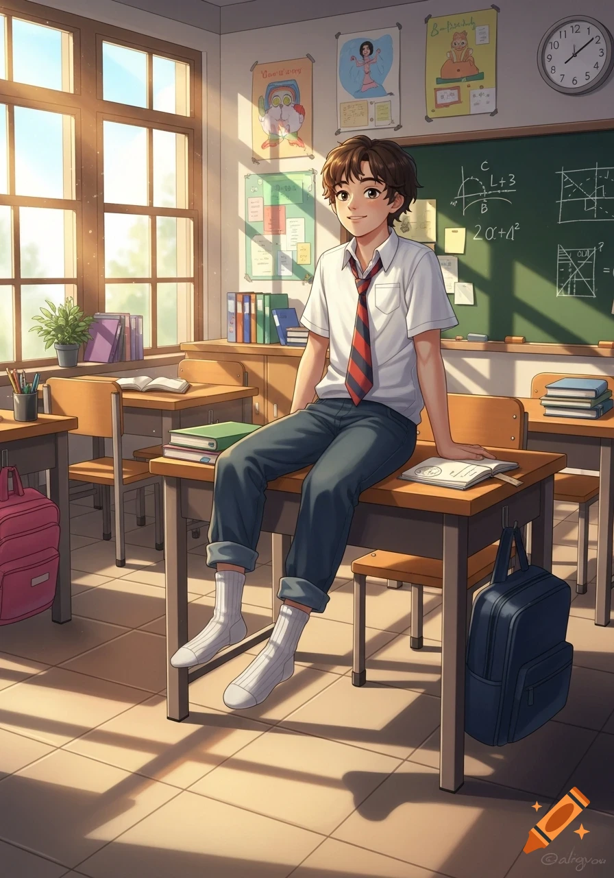 Anime style illustration of a smiling boy in a school uniform sitting on a desk in a sunny classroom.