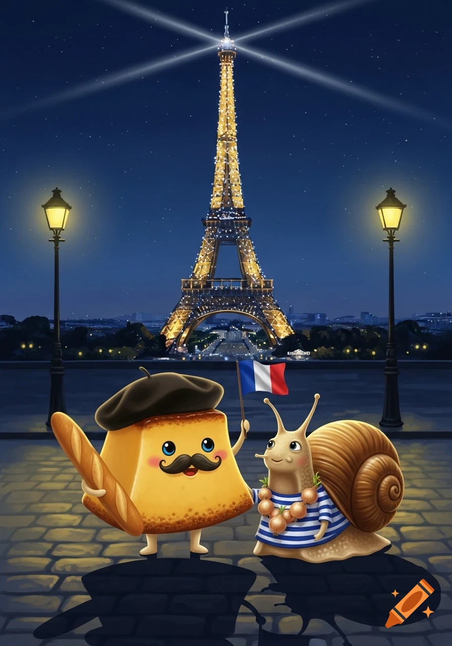 Cartoon clafoutis in a beret with a mustache, holding a baguette and French flag, standing next to a snail in a striped shirt and onion necklace, with the illuminated Eiffel Tower at night.