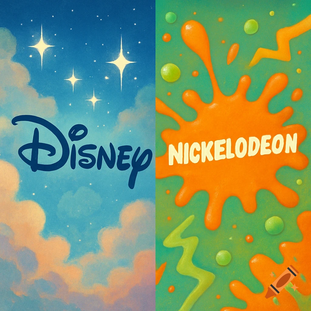 Split image showing the Disney logo on a starry sky with clouds, and the Nickelodeon logo on an orange splat against a green background.