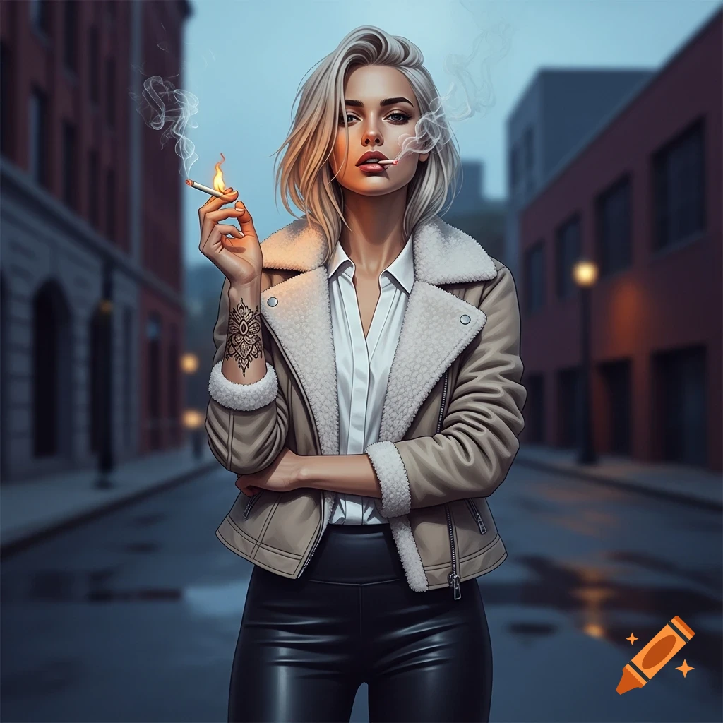 A blonde woman in a beige sherpa jacket and black leggings smokes a cigarette on a city street at dusk, with a tattoo on her forearm.