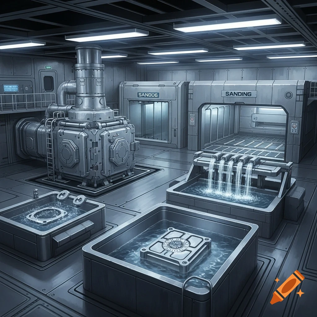 A grayscale, high-tech industrial factory interior with large machinery, water-filled tanks, and sanding booths in a clean, detailed style.