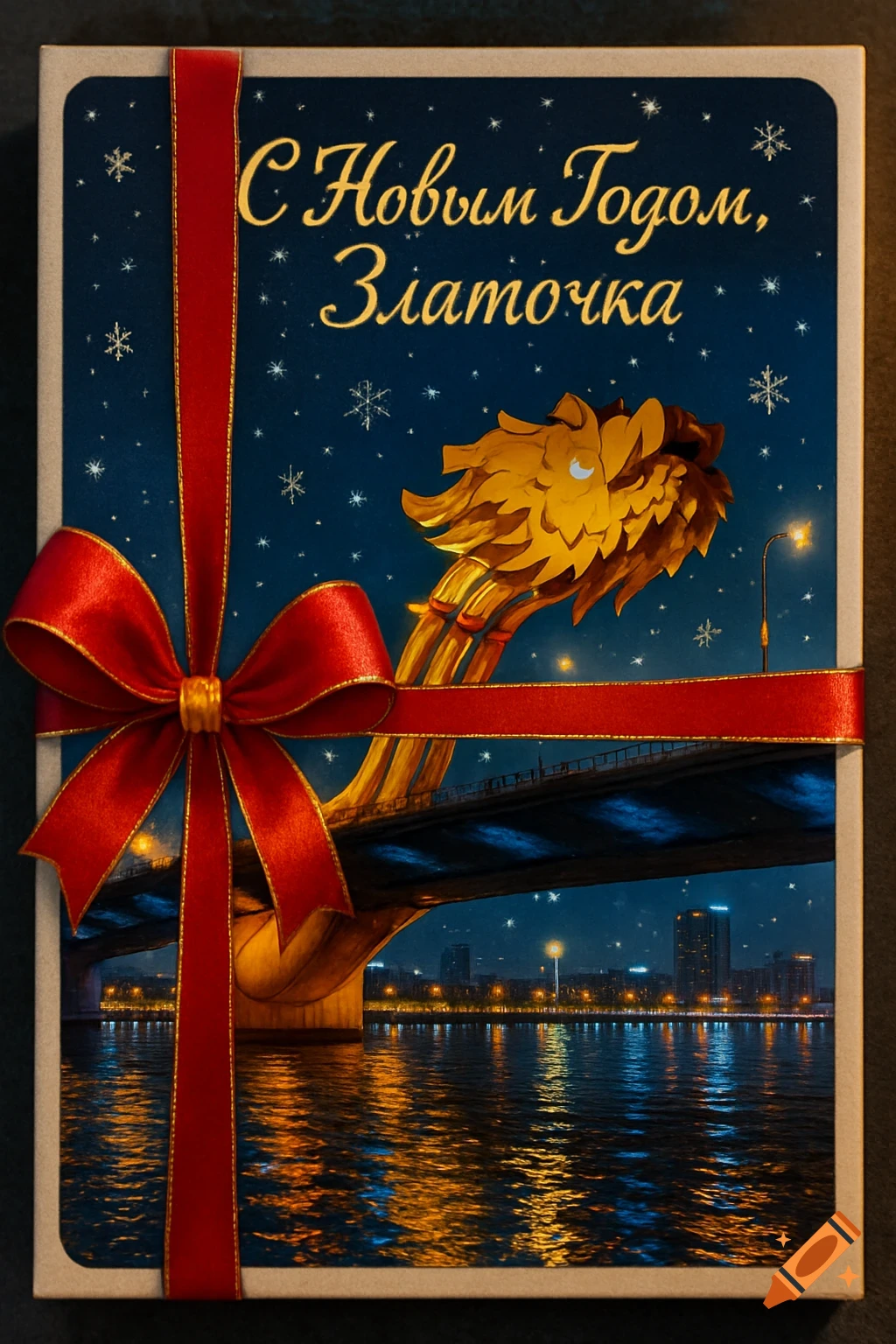 A New Year greeting card featuring a golden dragon bridge over a city river at night, with a red bow and ribbon.