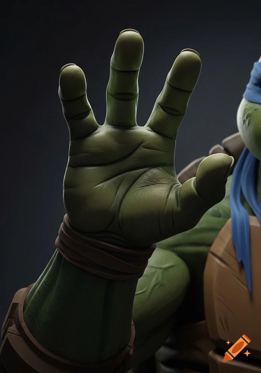 A realistic close-up of a green Teenage Mutant Ninja Turtle hand with a spread-out palm against a dark background.