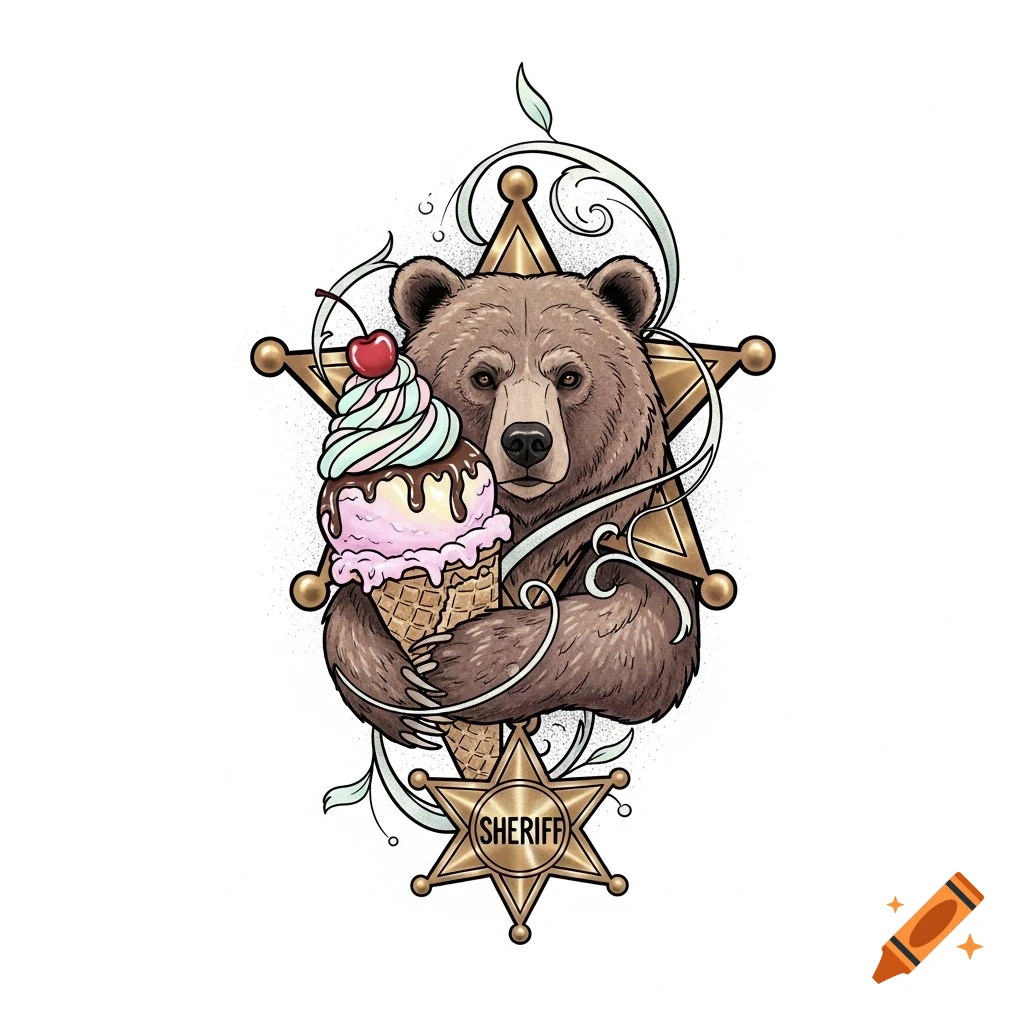 Stylized brown bear holding a colorful ice cream cone, framed by a golden sheriff star with 'SHERIFF' text, tattoo design.