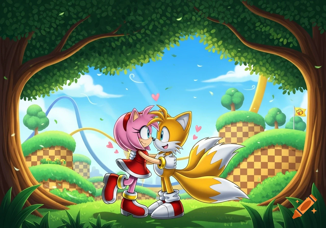 Amy Rose and Tails from Sonic the Hedgehog hugging in a vibrant, cartoonish Green Hill Zone-like environment.