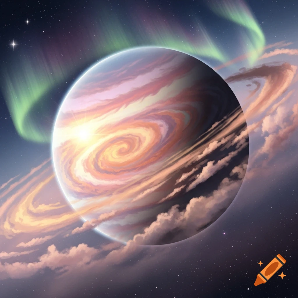 A colorful gas giant planet with swirling orange and purple clouds and glowing green aurora in deep space.