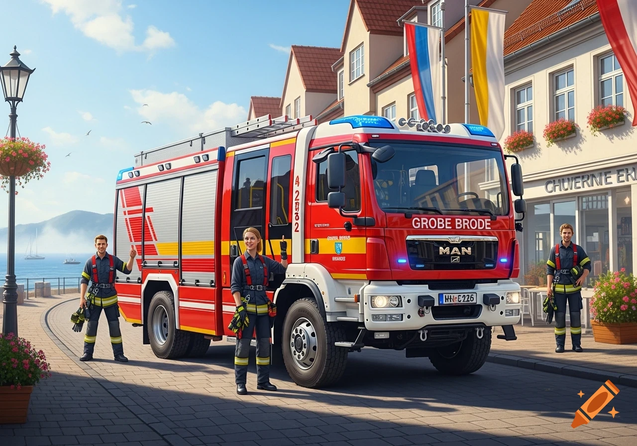 Two smiling firefighters stand beside a red fire truck on a cobblestone street by the sea, in front of buildings under a clear sky.