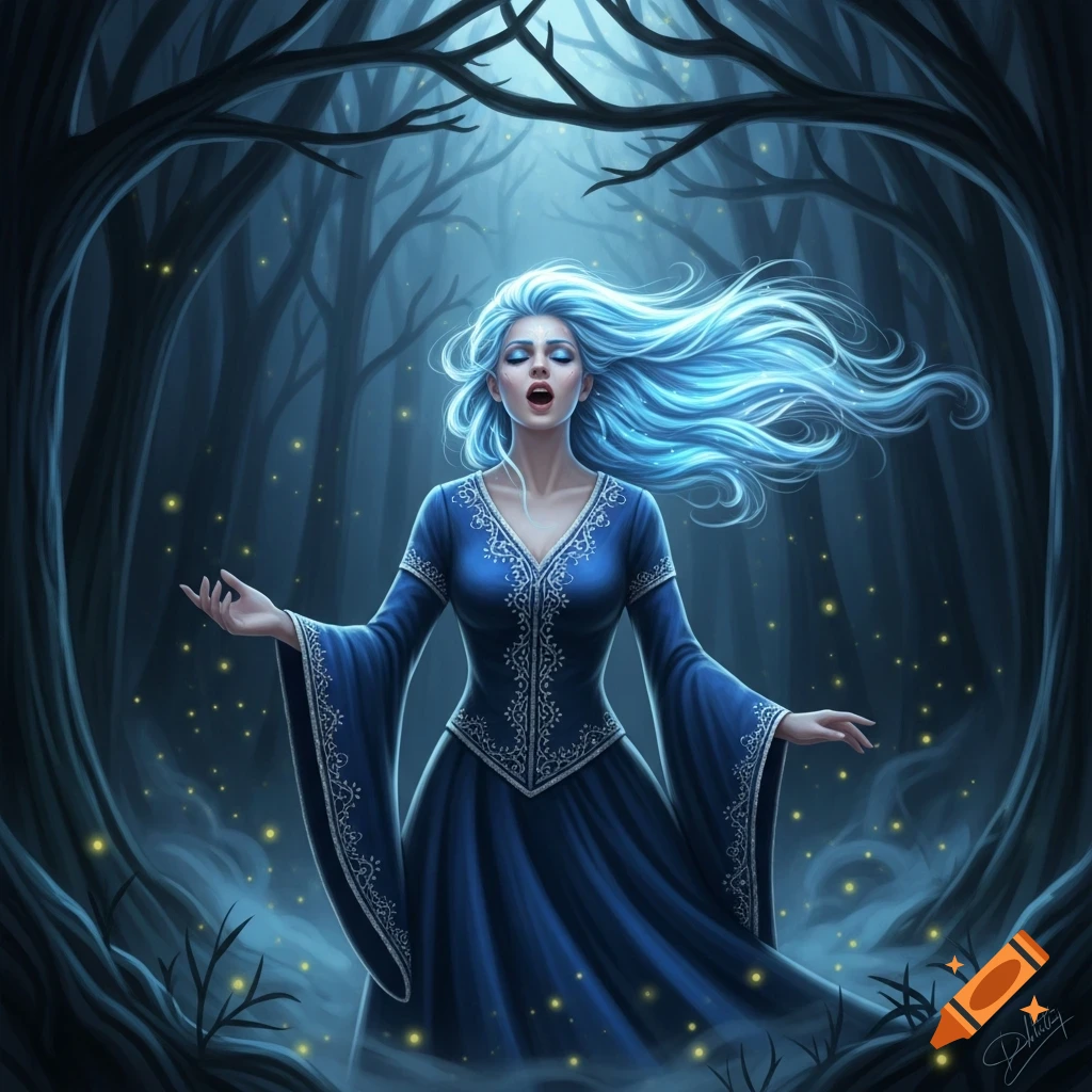 A fantasy illustration of a blue-haired witch in a blue dress singing in a dark, glowing forest.