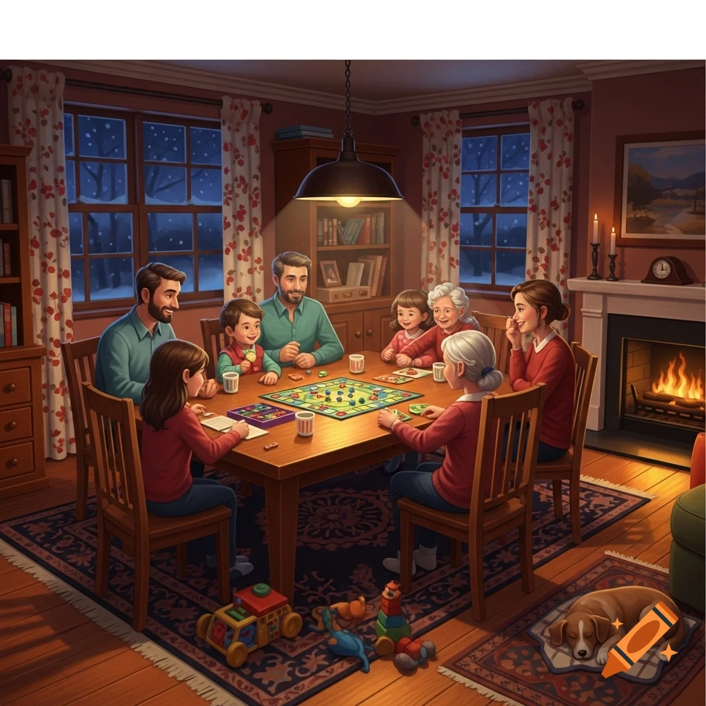 An illustrated family of seven playing a board game in a cozy living room with a fireplace and snow visible outside the windows.