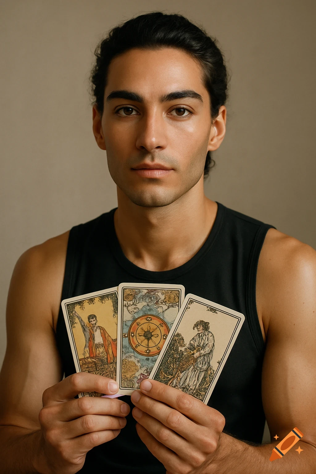 Photorealistic portrait of a man in a black tank top holding three detailed tarot cards.