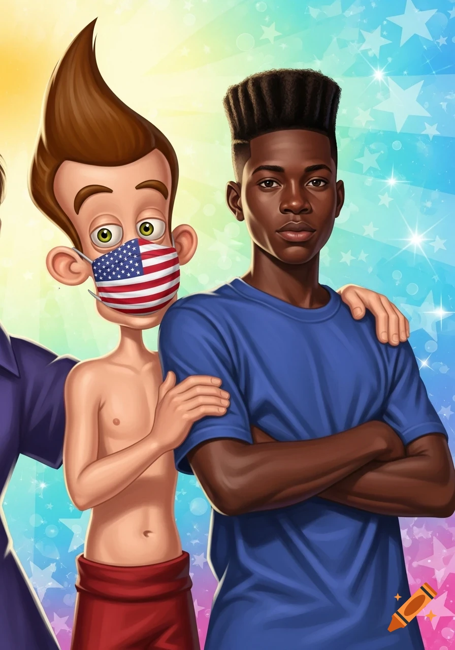 Cartoon Jimmy Neutron shirtless in an American flag mask next to a realistic teenage boy with crossed arms, on a star-spangled background.