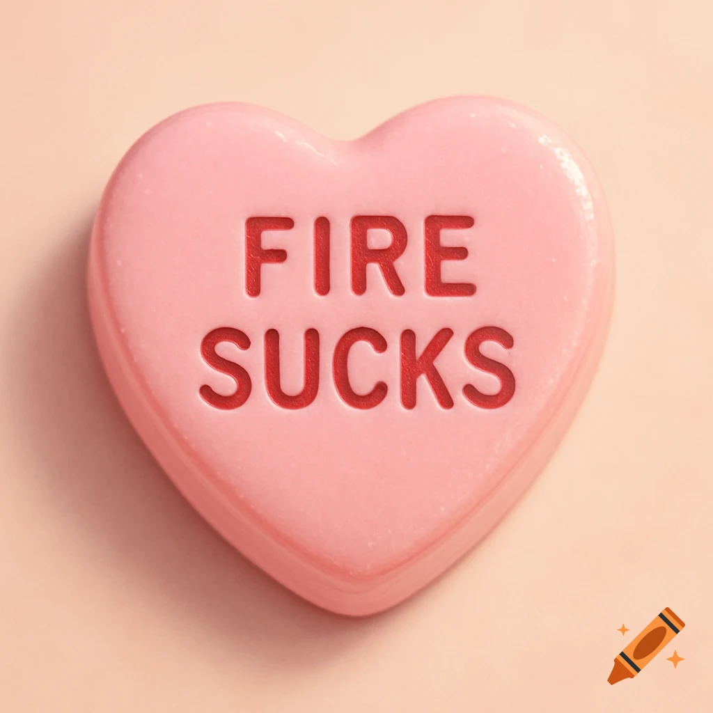 A pink conversation heart candy with the words "FIRE SUCKS" embossed in red.