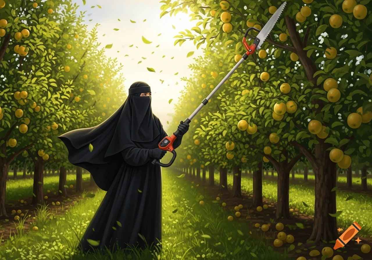 A woman in a black niqab holds a telescopic pole saw in a sunlit orchard filled with fruit trees. Illustration.