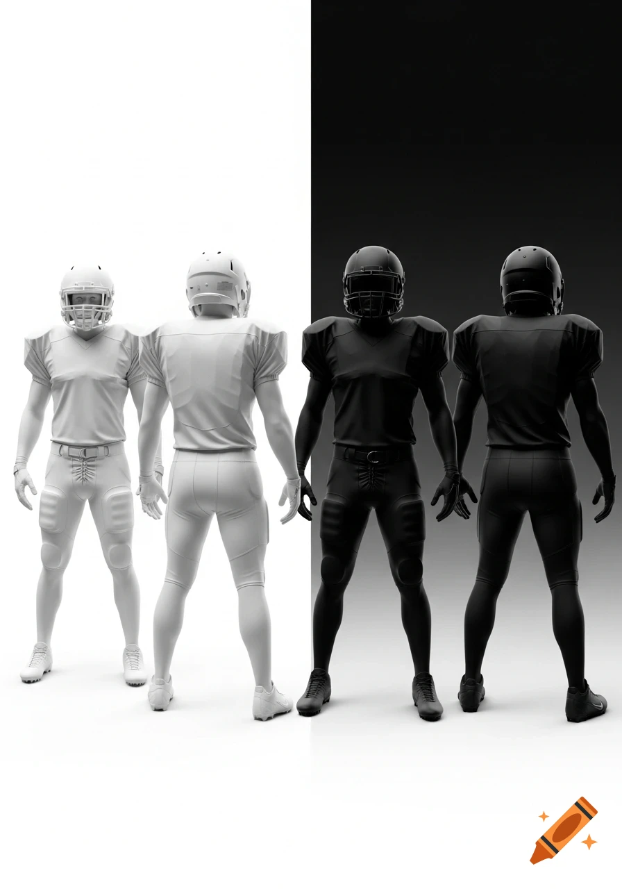 Four American football players, two in white uniforms on a white background, two in black uniforms on a black background, in front and rear views.