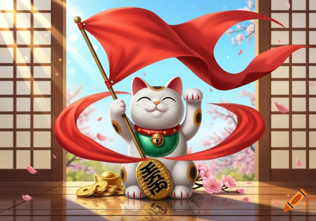 A stylized white Maneki-neko, smiling, waves a red flag, surrounded by gold coins and pink cherry blossoms. Background shows a bright sky and shoji screen.
