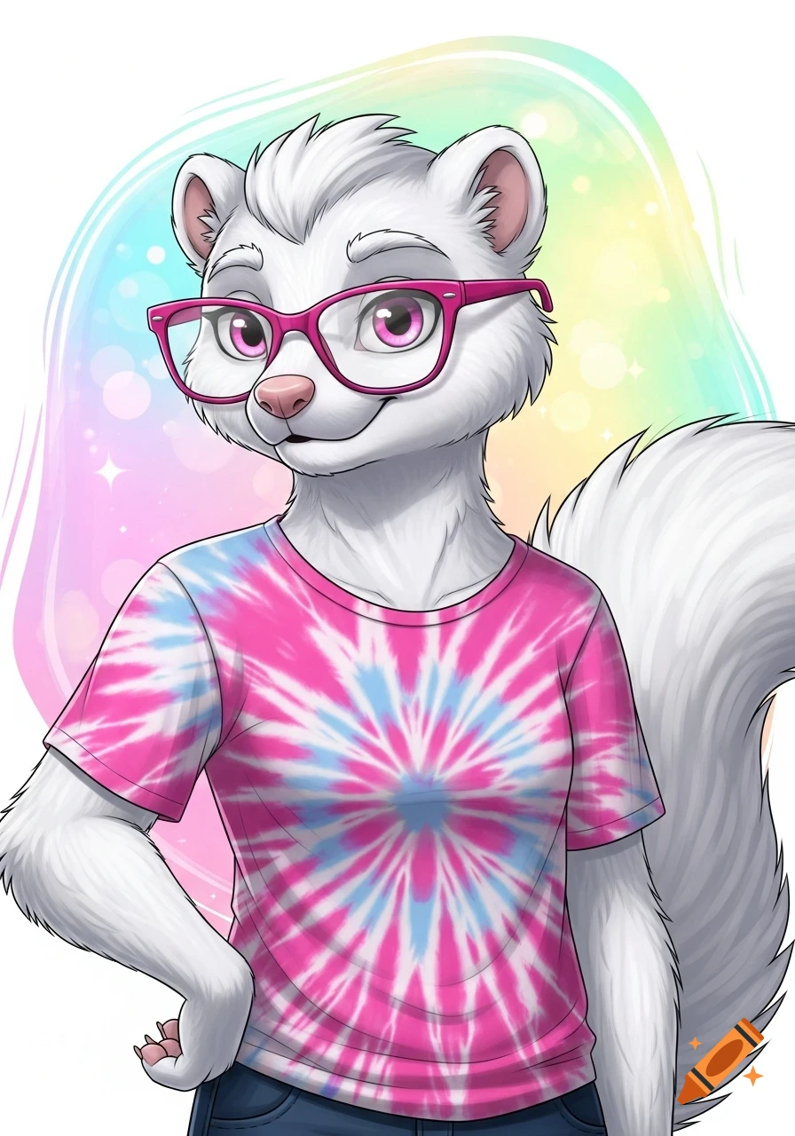 Cartoon illustration of an albino skunk with pink eyes, pink glasses, and a pink and blue tie-dye t-shirt.