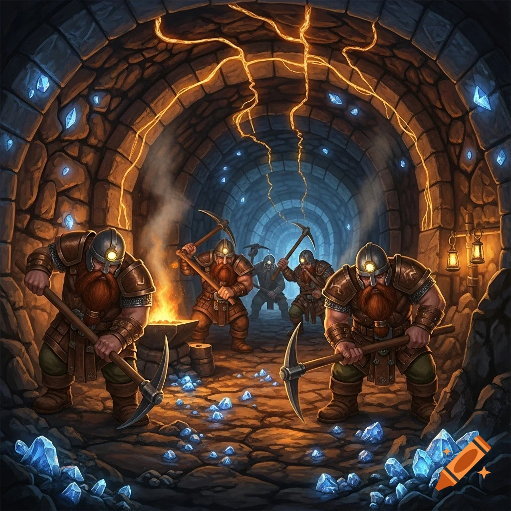 Bearded dwarves mine glowing blue crystals in a fantasy cave, lit by fire and magical energy.