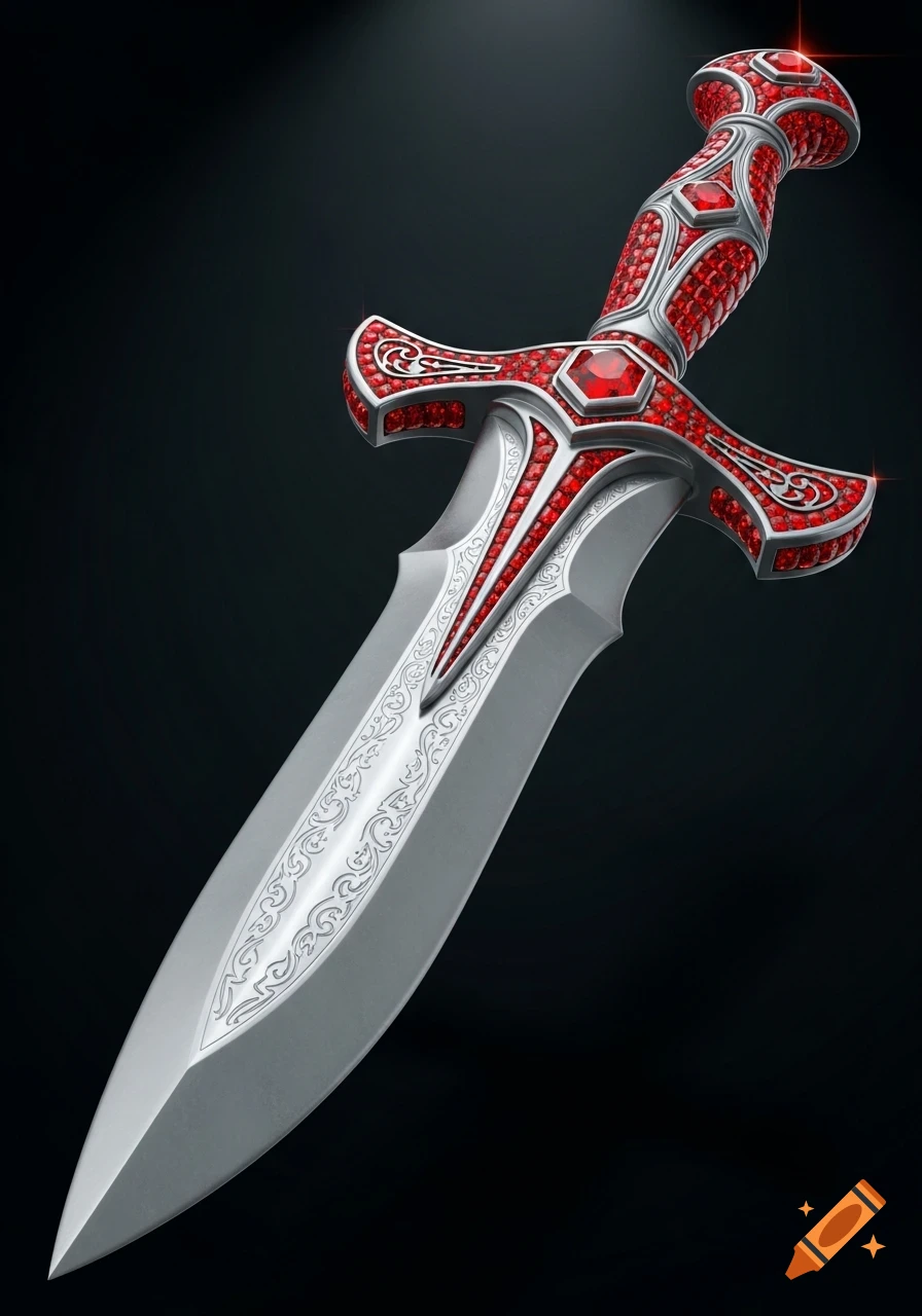 A vibrant red ornate dagger with ruby jewels and intricate silver steel detailing, set against a dark background.