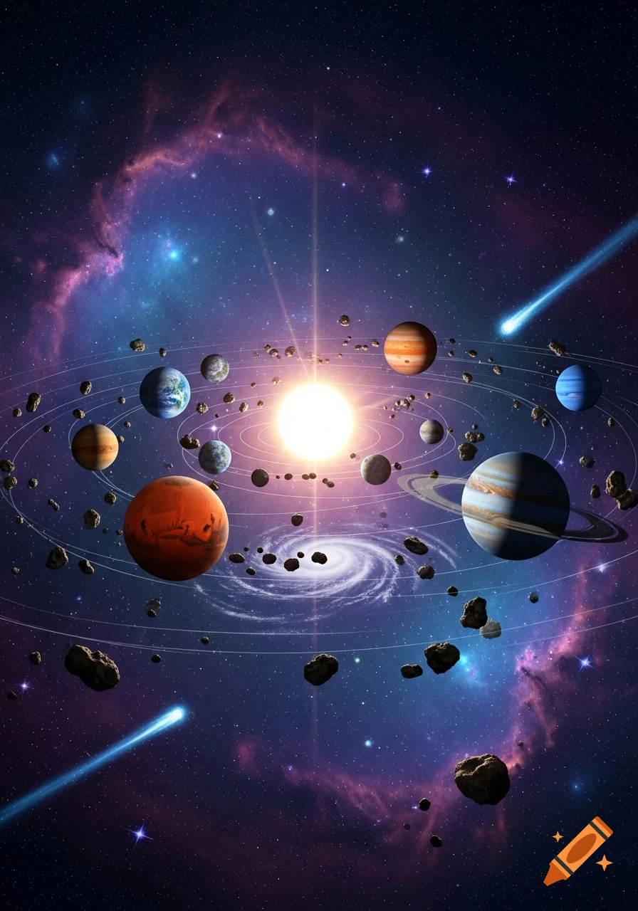 A vibrant cosmic illustration of a solar system with a bright sun, planets, asteroid belts, comets, and colorful nebulae.
