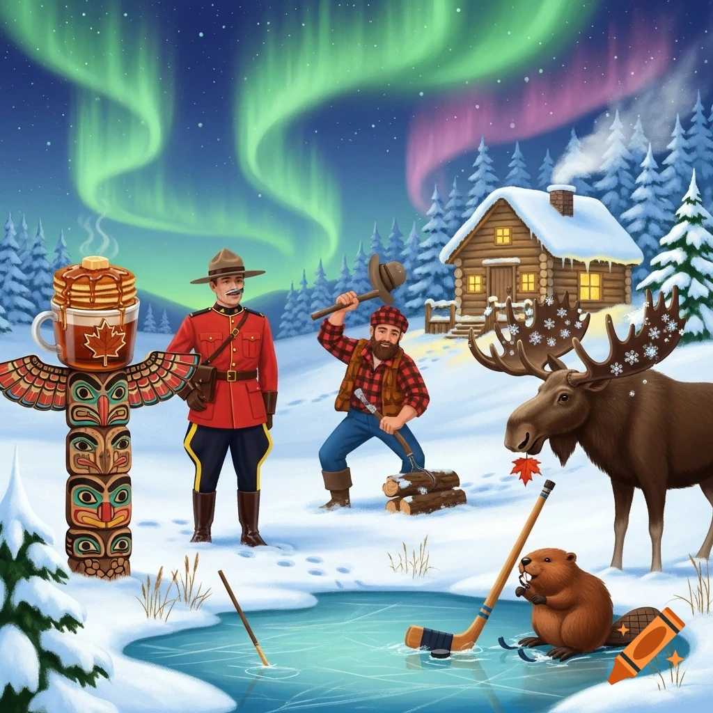 Colorful illustration of Canadian stereotypes: RCMP, lumberjack, moose, beaver playing hockey, totem pole, pancakes, cabin, Northern Lights.