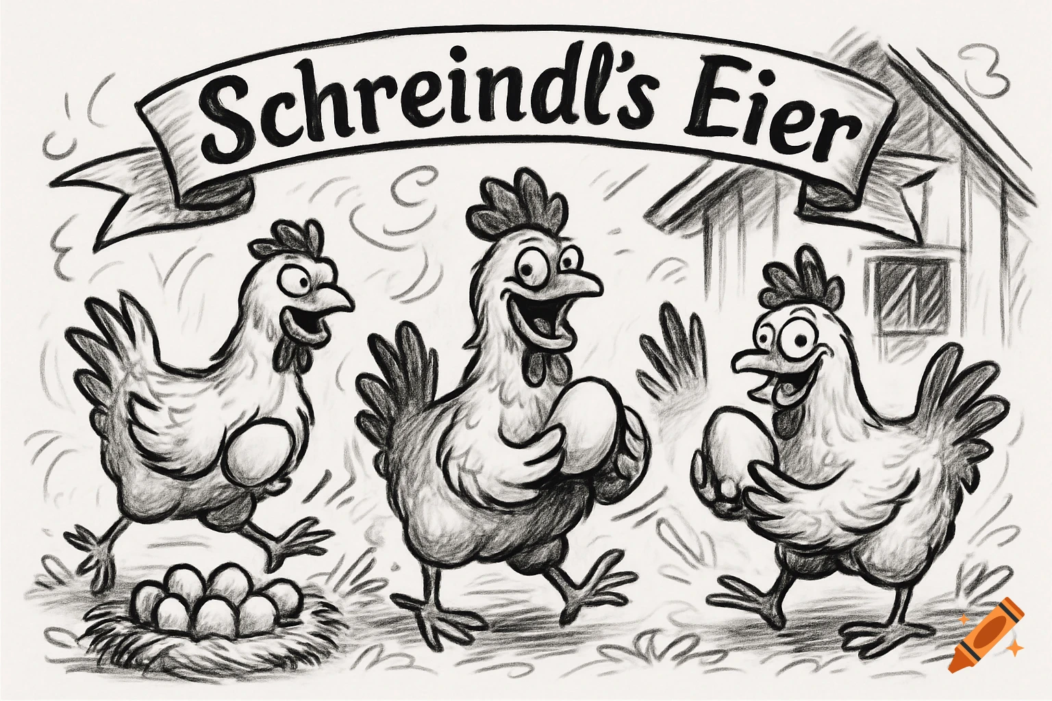 Three happy cartoon chickens, two holding eggs, one next to a nest of eggs, with a "Schreindl's Eier" banner in a black and white sketch style.