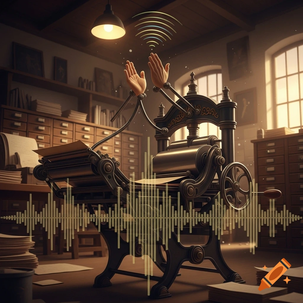An antique printing press with human hands clapping and emitting sound waves in a vintage office with wooden furniture.