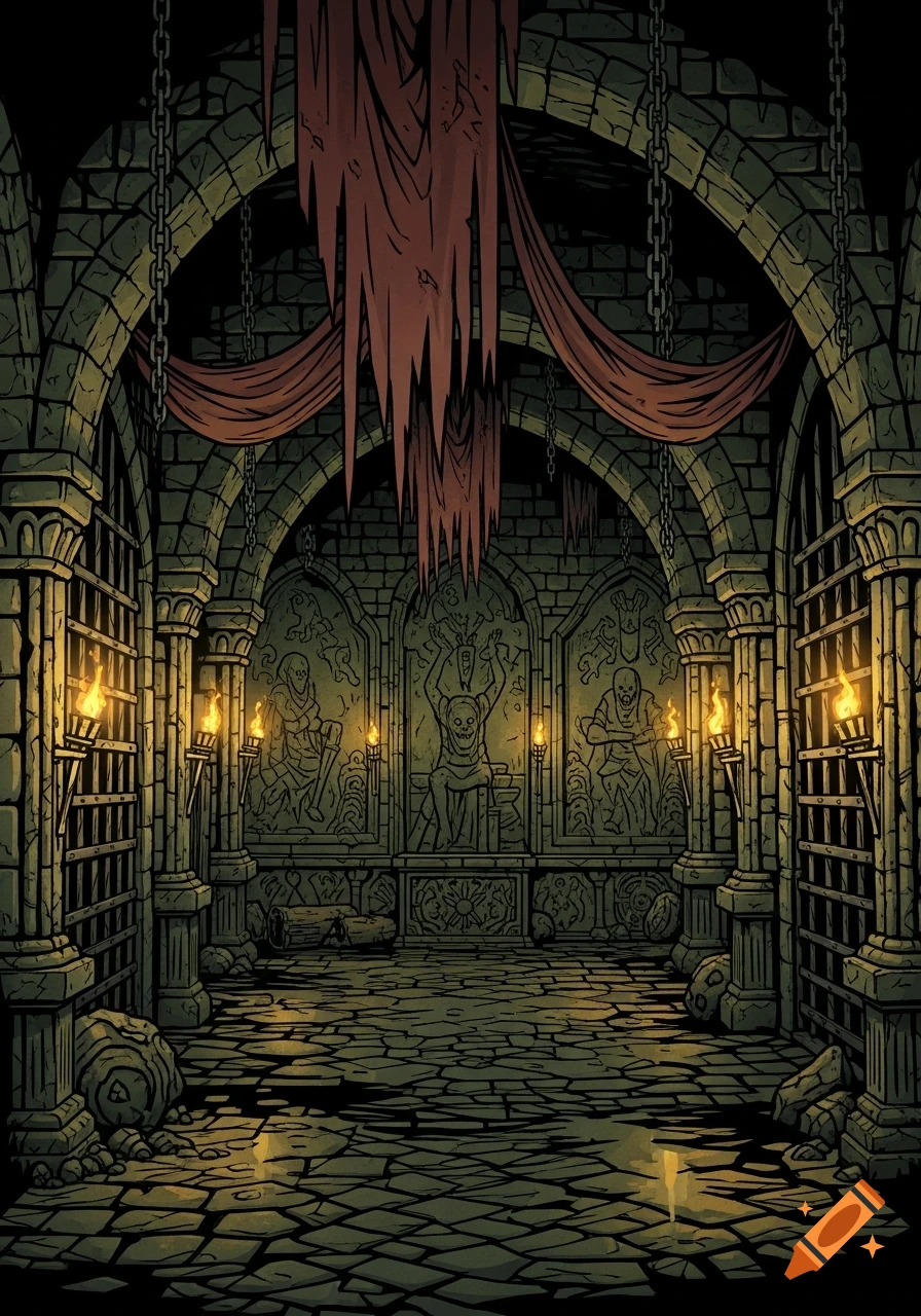 A dark, stylized dungeon chamber with stone arches, barred cells, flaming torches, and grotesque carvings on the back wall.