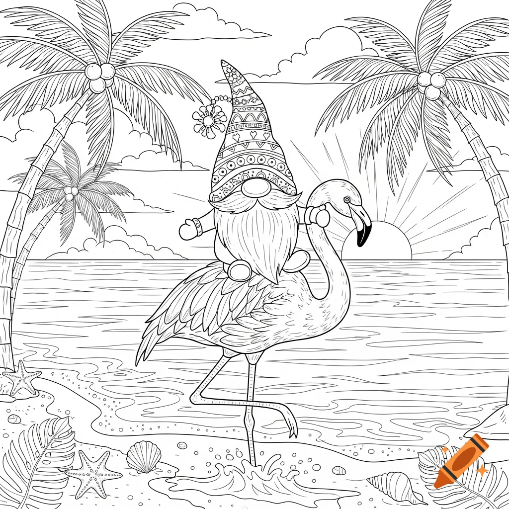 Line art coloring page of a gnome in a patterned hat riding a flamingo on a tropical beach with palm trees and ocean at sunset.