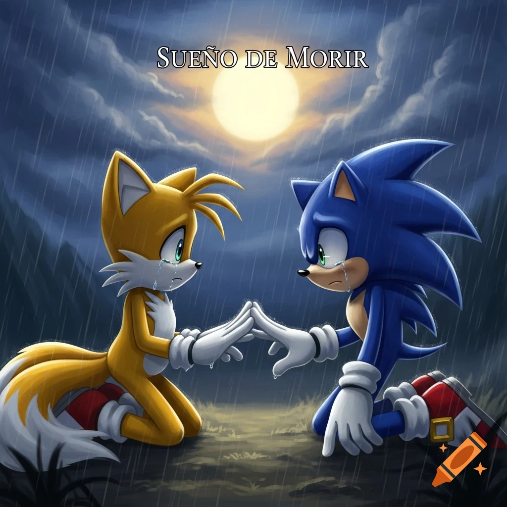 Sonic and Tails kneel in the rain under a full moon, crying and reaching out, with "SUEÑO DE MORIR" text above them.
