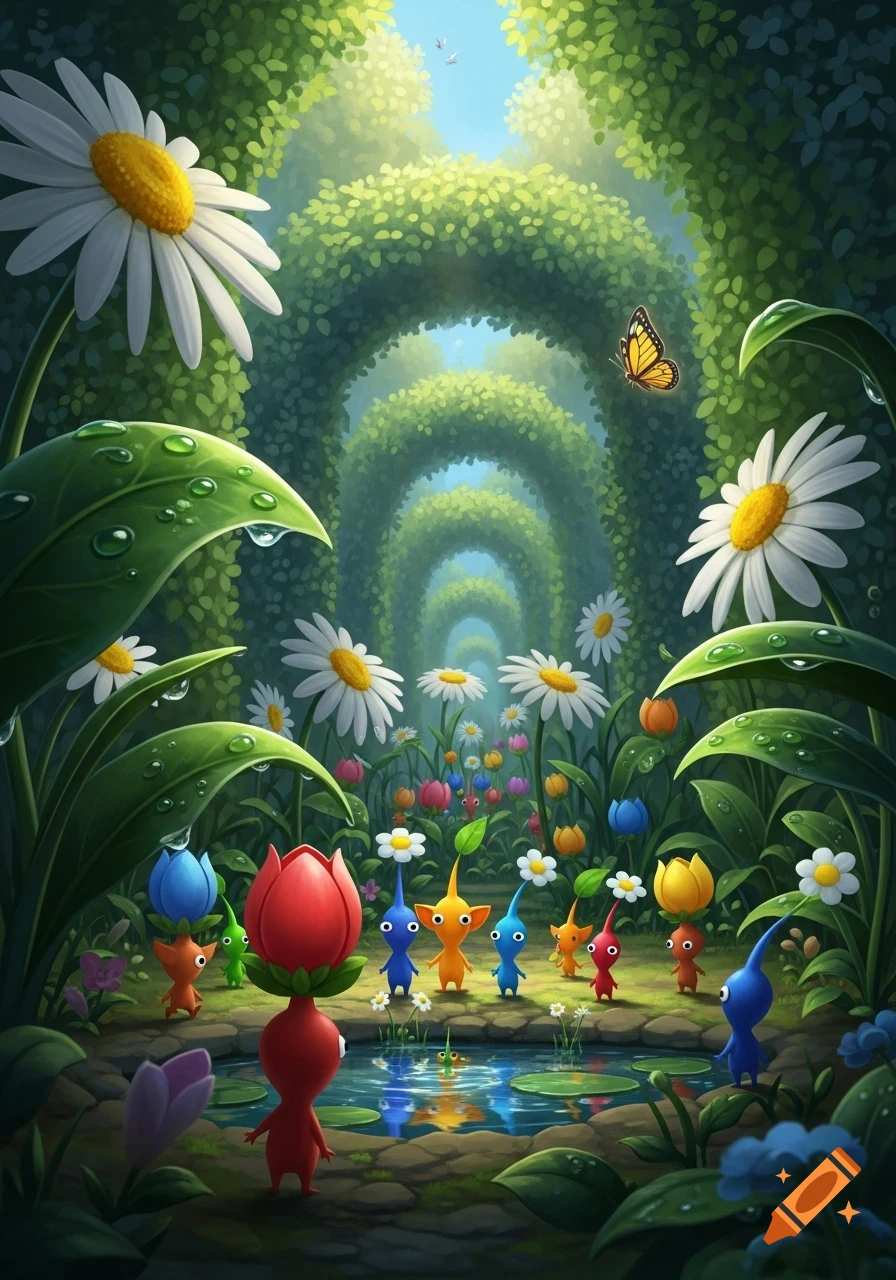 Colorful Pikmin creatures by a pond in a vibrant garden path with daisies and green archways.