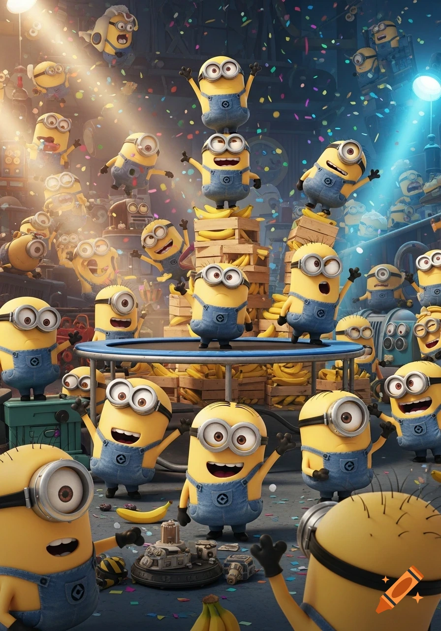 Numerous cartoon Minions celebrating, dancing, and piling on bananas and a trampoline, surrounded by colorful confetti in an indoor setting.