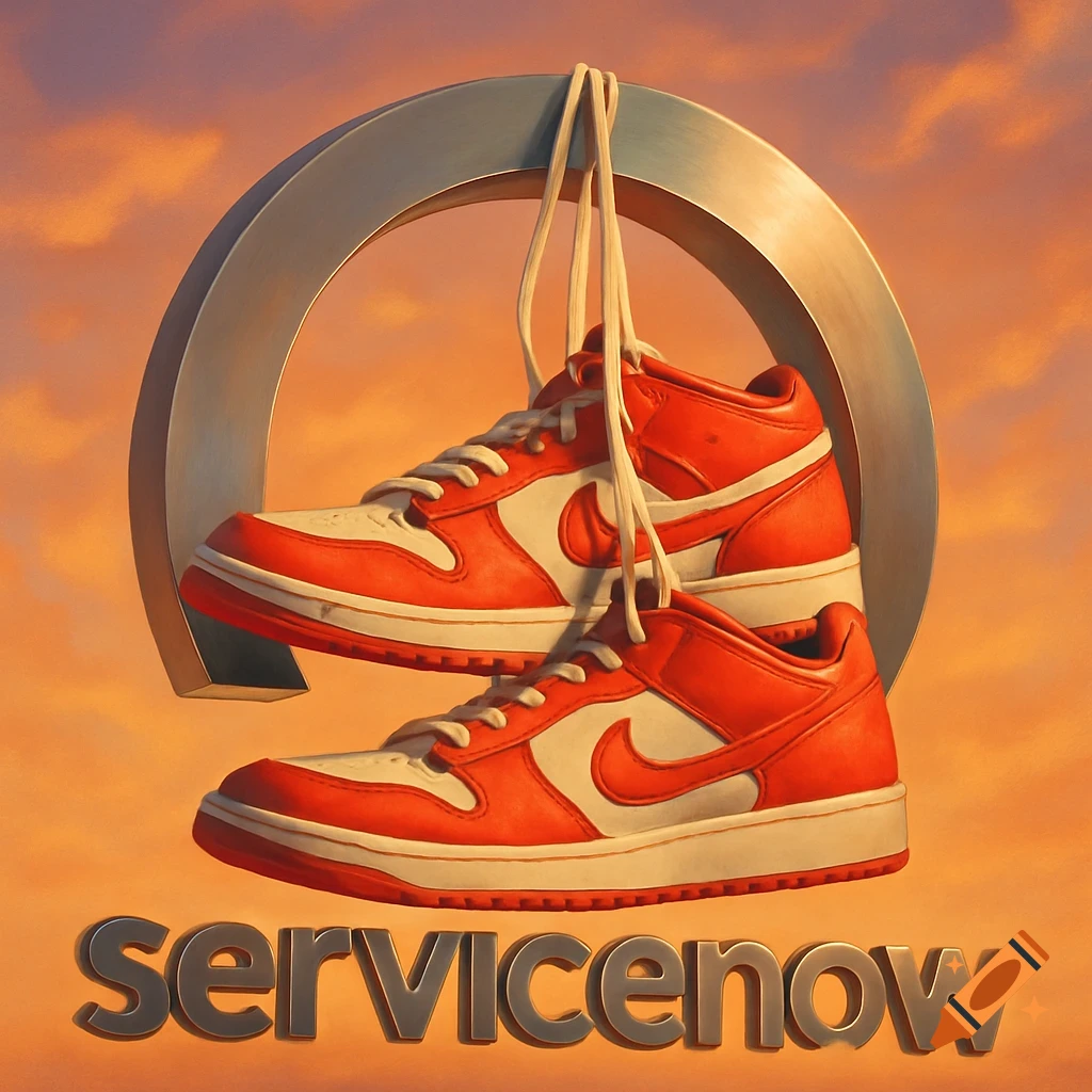 Two orange and white Nike sneakers hang from a stylized silver ServiceNow logo against an orange cloudy sky.