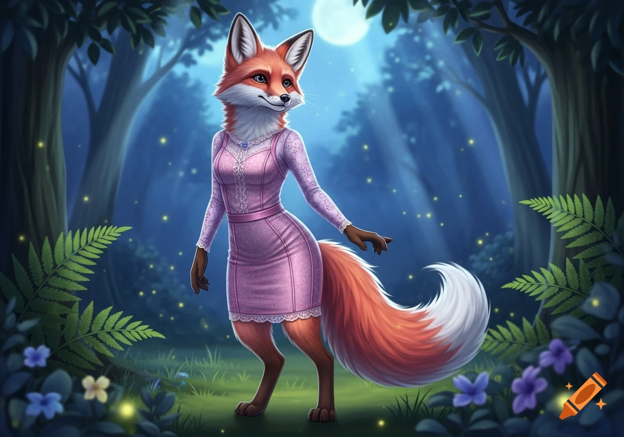 An anthropomorphic fox in a pink dress stands in an enchanted forest under a full moon with fireflies, in an illustrated fantasy style.
