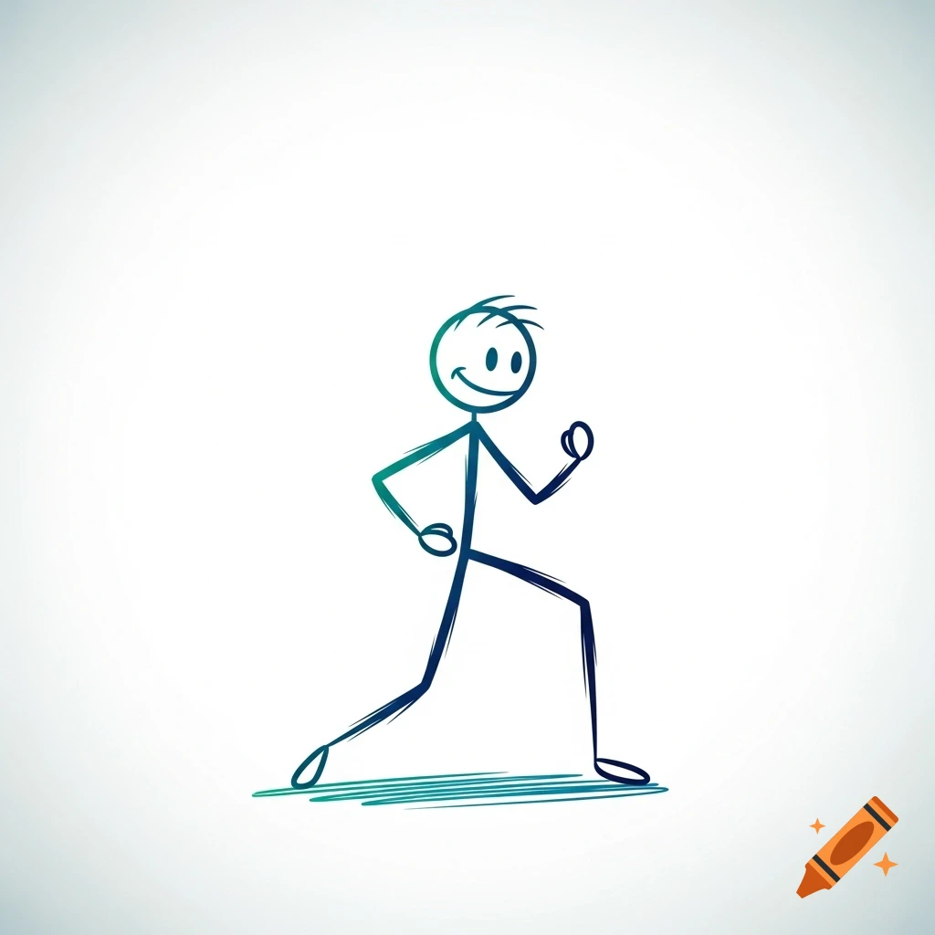 A happy stick figure with a blue to green gradient walks across a white background. Simple illustration.