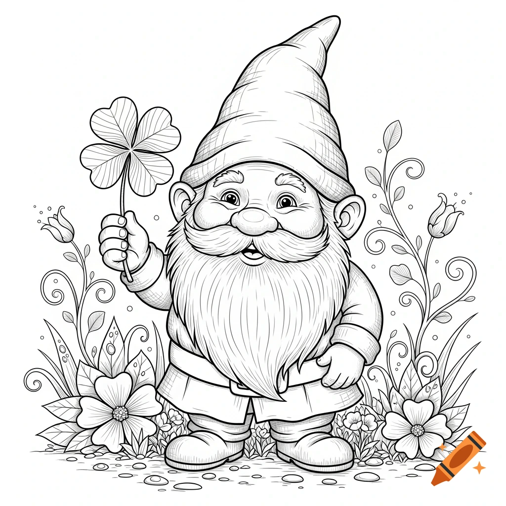 Chubby gnome with a full beard holding a four-leaf clover, surrounded by flowers, rendered in a black and white coloring page style.
