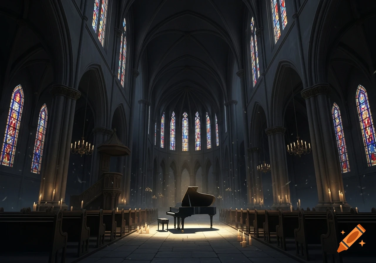A grand gothic church interior with colorful stained glass windows, a piano in a spotlight, and pews lit by candles.