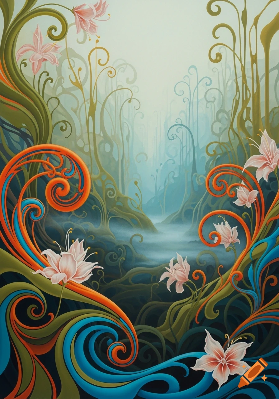 A vibrant Art Nouveau forest scene with swirling orange and blue patterns, olive green foliage, pink flowers, and a misty, dreamlike background.