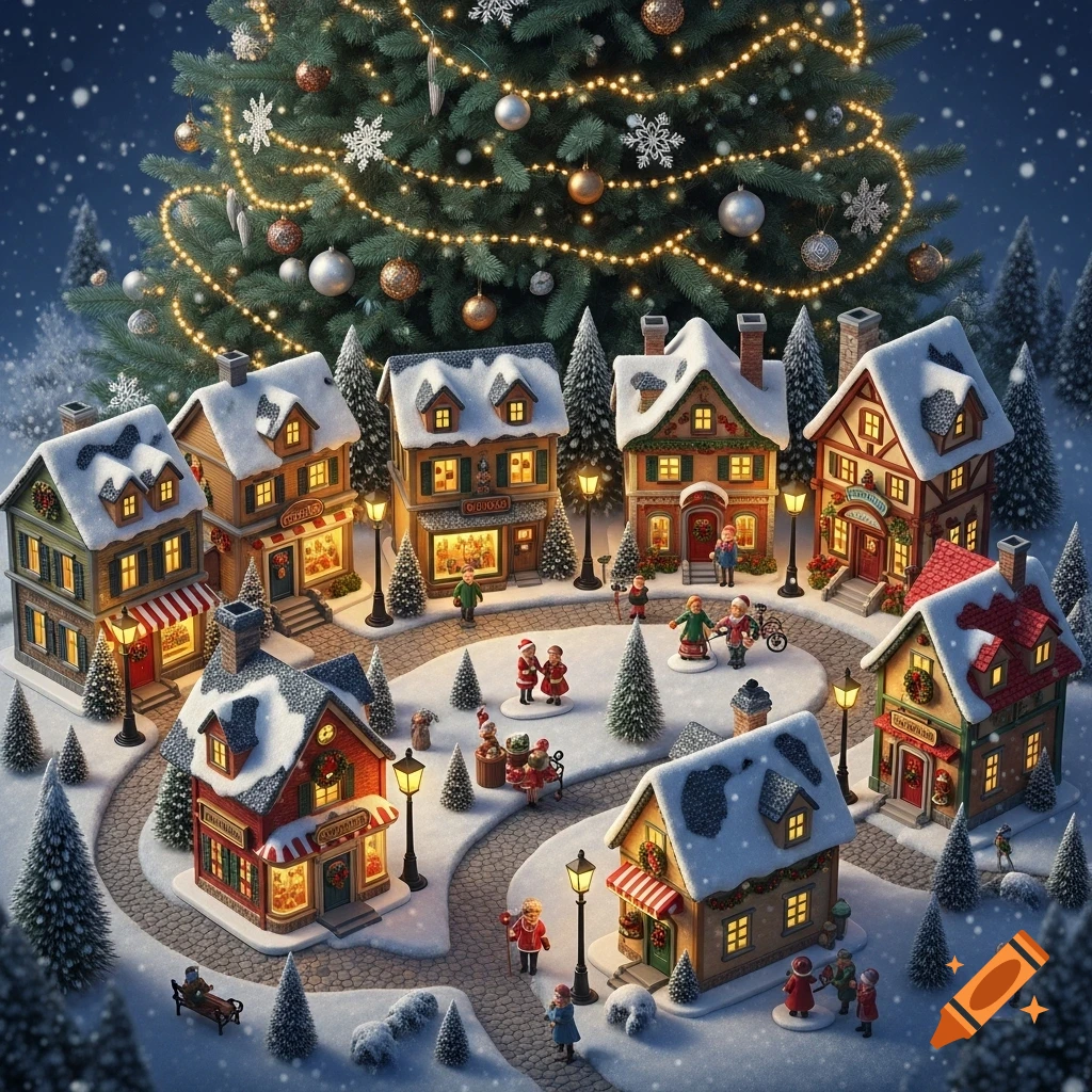 A charming miniature Christmas village covered in snow, with illuminated houses, tiny figures, and a large decorated Christmas tree in the background.
