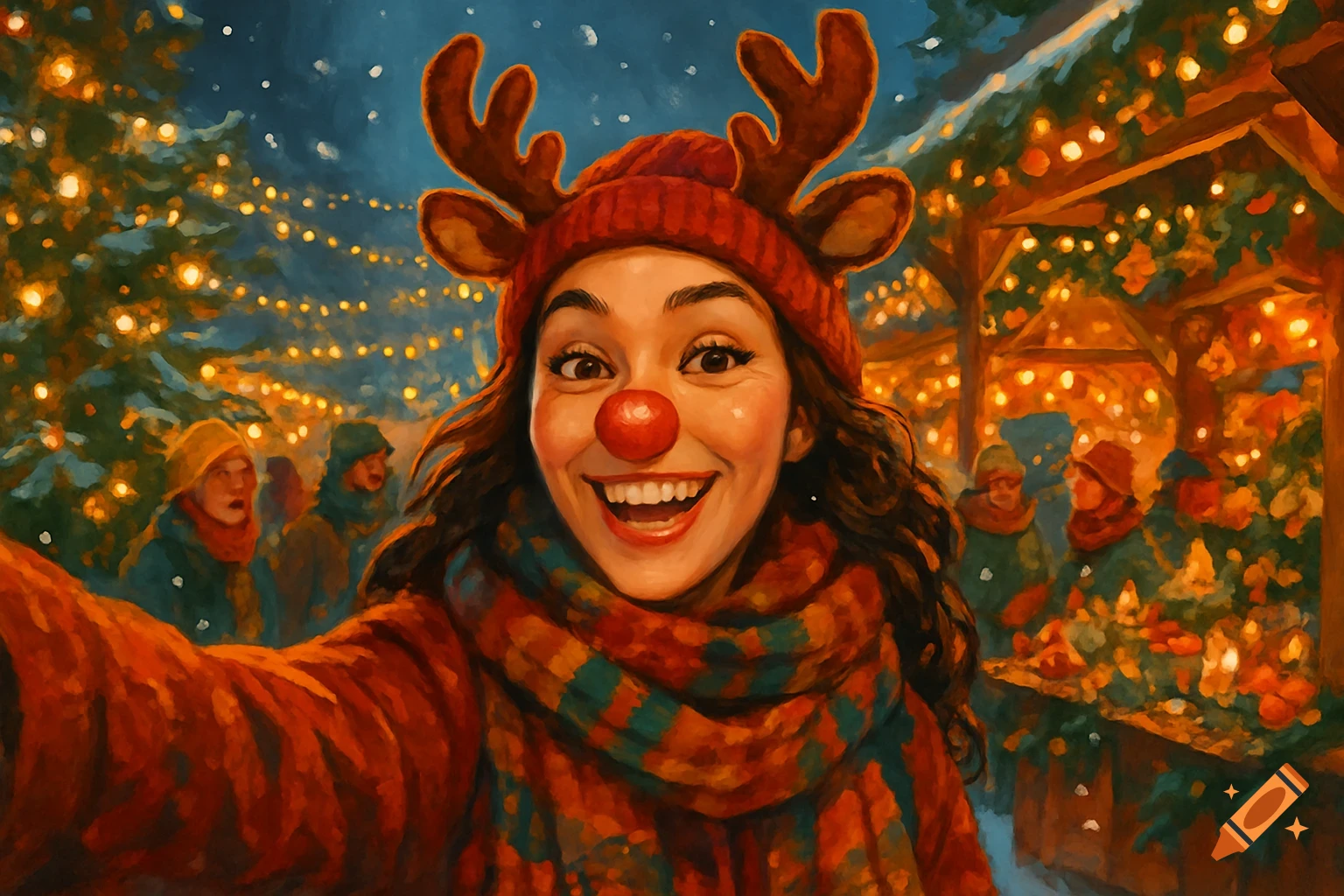 A smiling woman in a reindeer hat and red scarf takes a selfie at a festive Christmas market in a painterly style.
