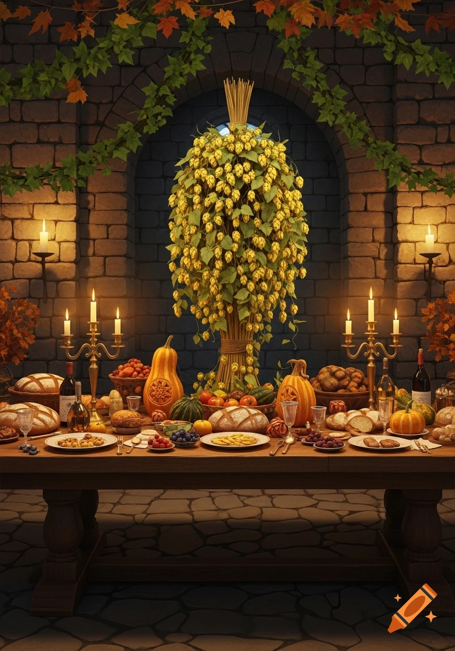 A rustic autumn feast table with bread, pumpkins, fruits, wine, and candles, set against a stone wall with hops and fall leaves.