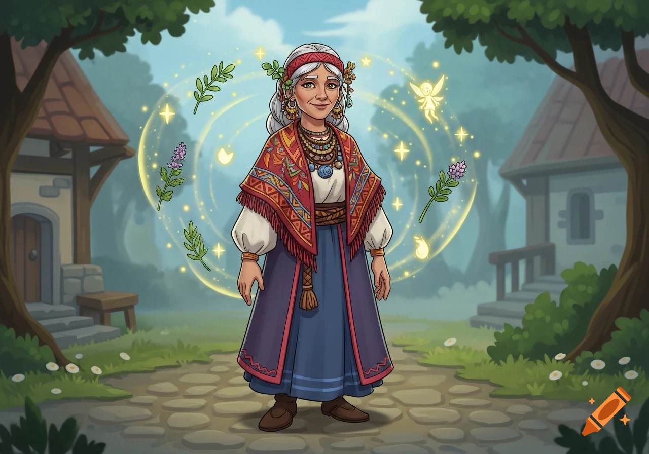 A cartoon illustration of an old woman in traditional attire, adorned with necklaces and a patterned shawl, surrounded by glowing magical plants and a small fairy in a whimsical village setting.